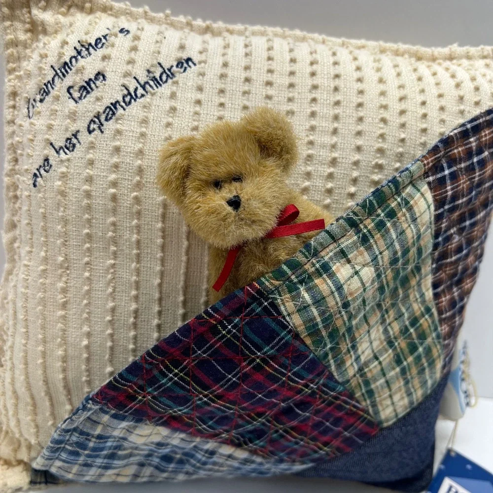 Boyds Bear Home Grandmother's Fans Decorative Pillow Cream Plaid Patchwork VTG